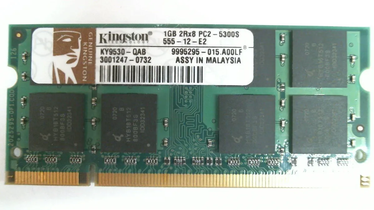 Kingston Technology Corp. Kingston Technology Corp. 1GB DDR2 laptop RAM SODIMM KY9530-QAB CL5 667MHz 2Rx8 — product photo