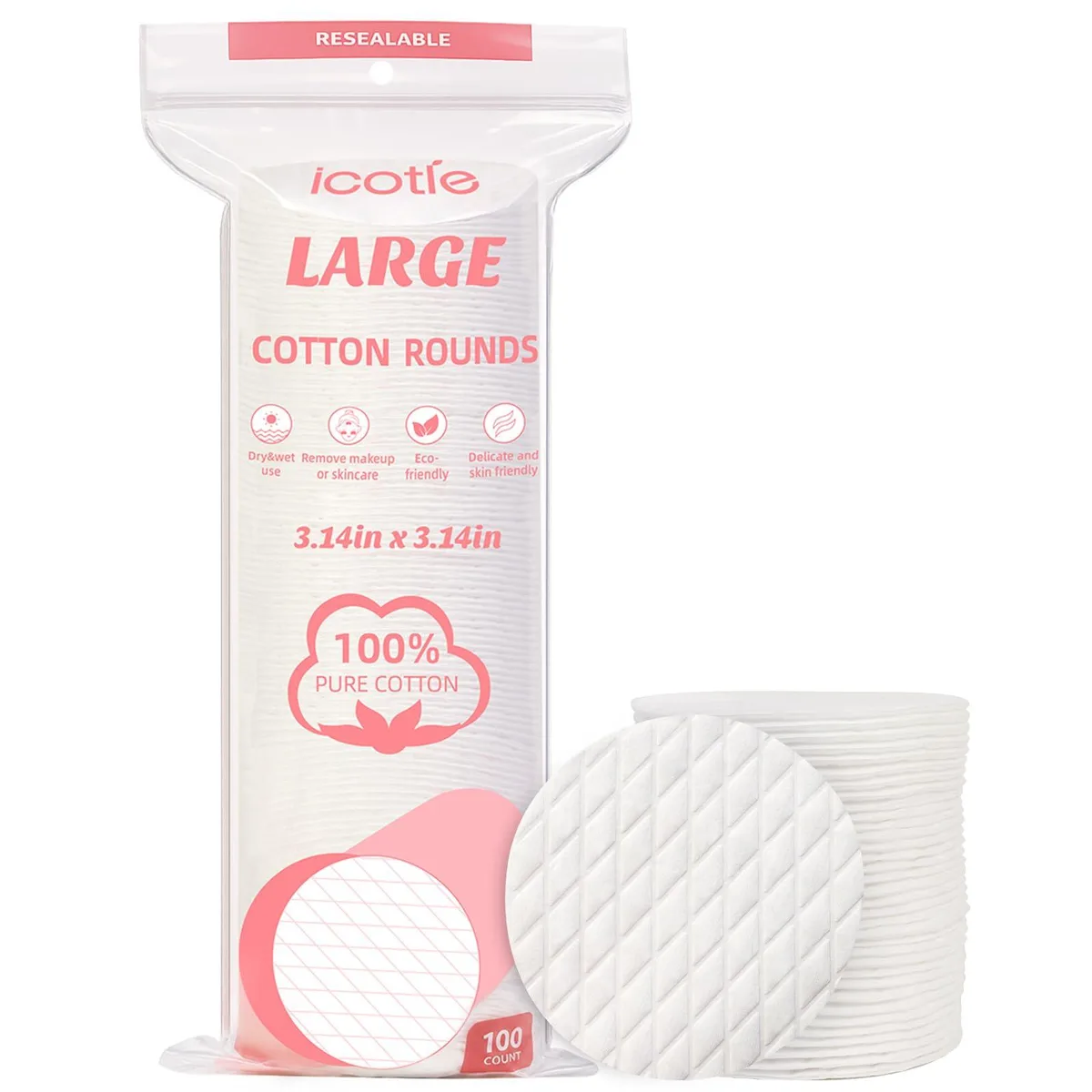 White cotton rounds in a clear resealable bag
