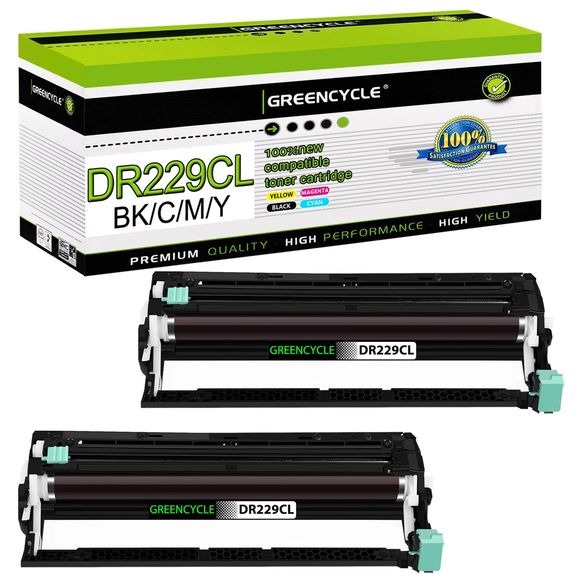 Two green drum units in a sealed box, labelled DR229CL