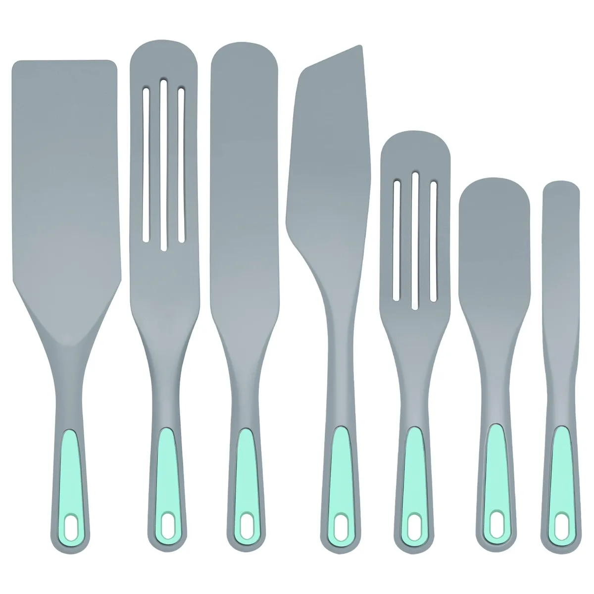Seven silicone spurtles, 13.3 in long, smooth matte finish, hanging holes