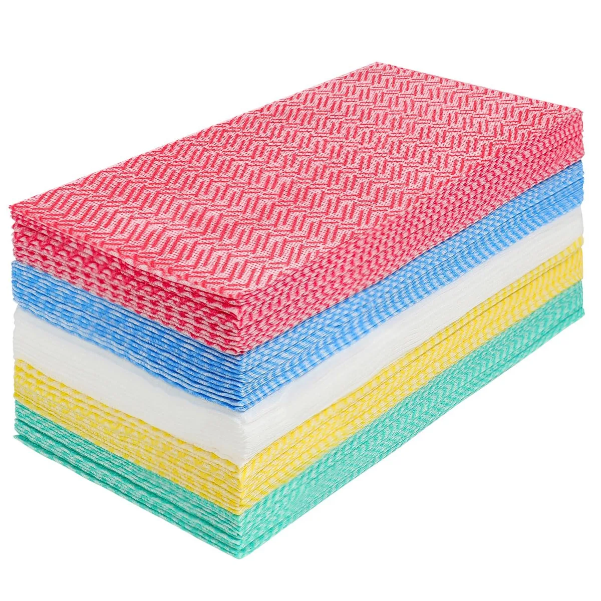 Flat stack of sixty disposable cleaning cloths in five colours, each sheet thirteen by twenty-four inches