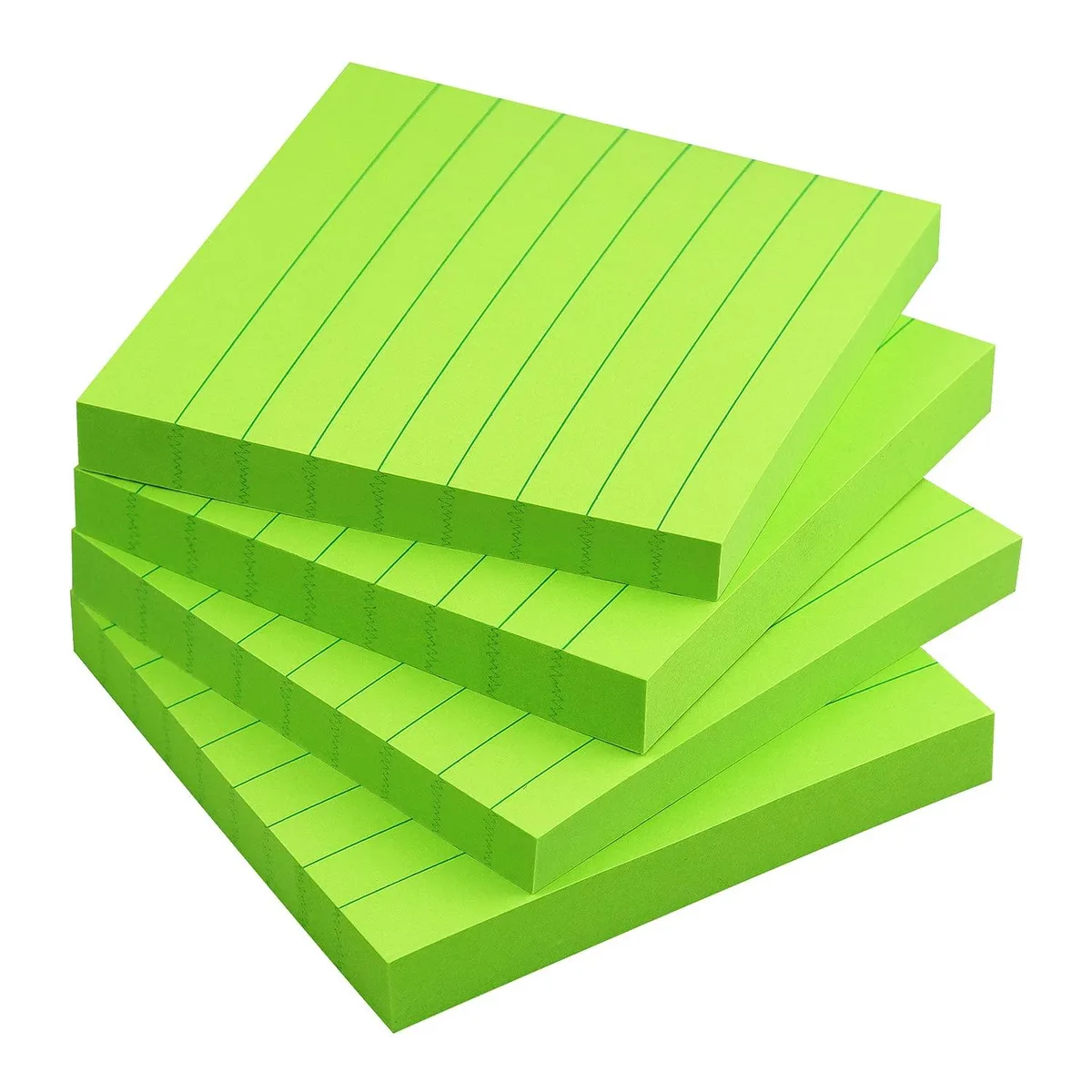 Four square green pads of lined sticky notes, 3 by 3 inches each