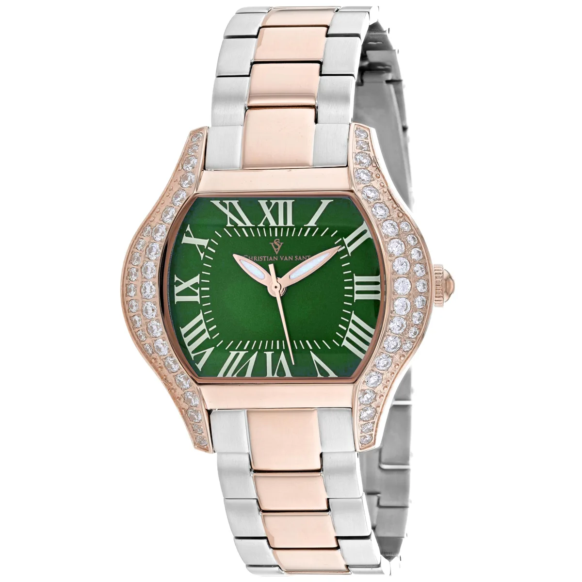 Silver stainless steel watch with green dial and metal bracelet