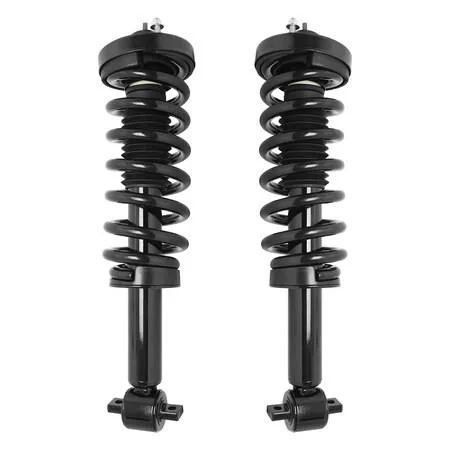Two silver front strut assemblies with coil springs and top mounts, fully assembled, kit of two