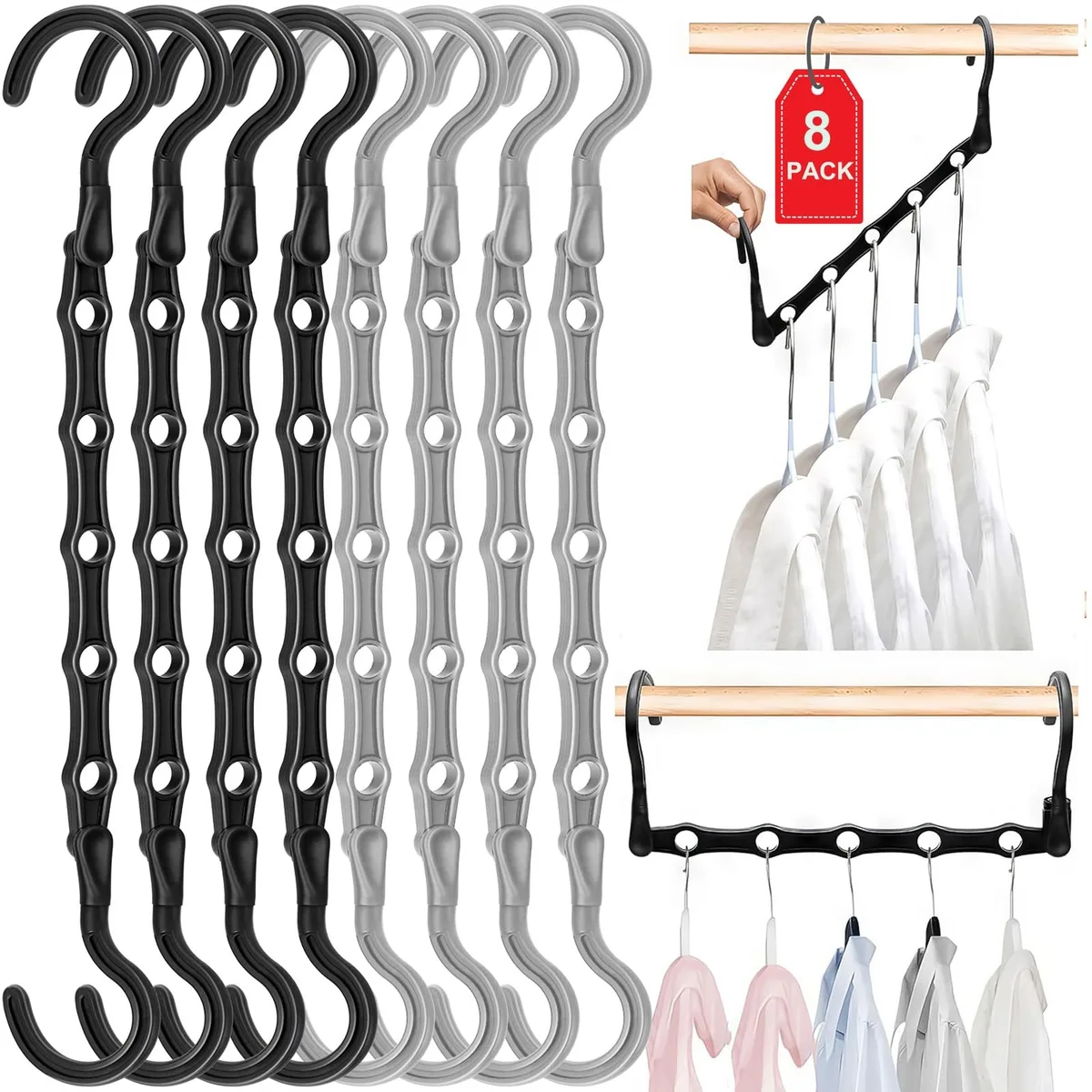 Eight plastic hangers, four black and four grey, each with five enclosed holes and a rotating hook