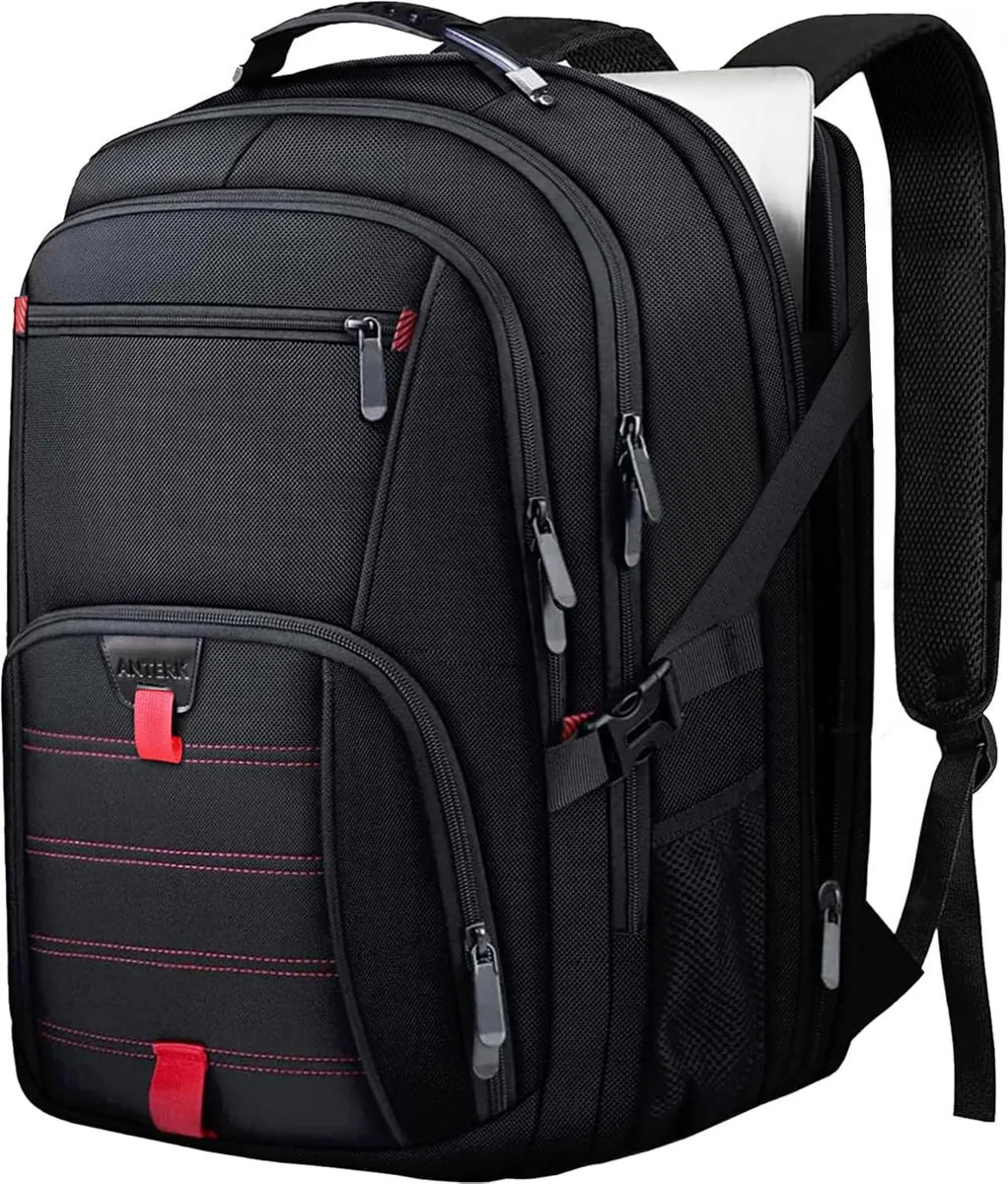 Black nylon 17.3 inch laptop backpack with multiple compartments