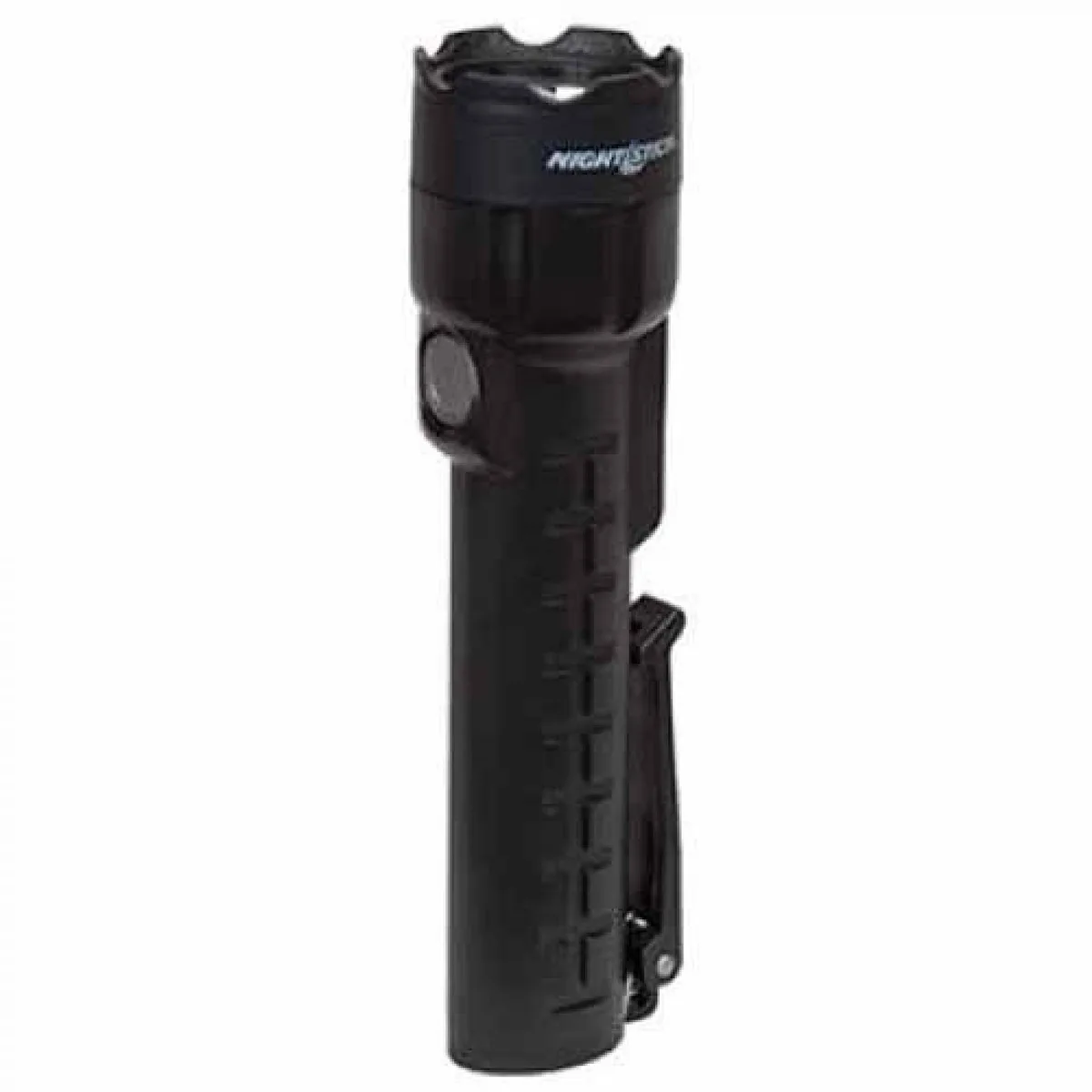 Compact blue dual-light flashlight with textured grip and pocket clip