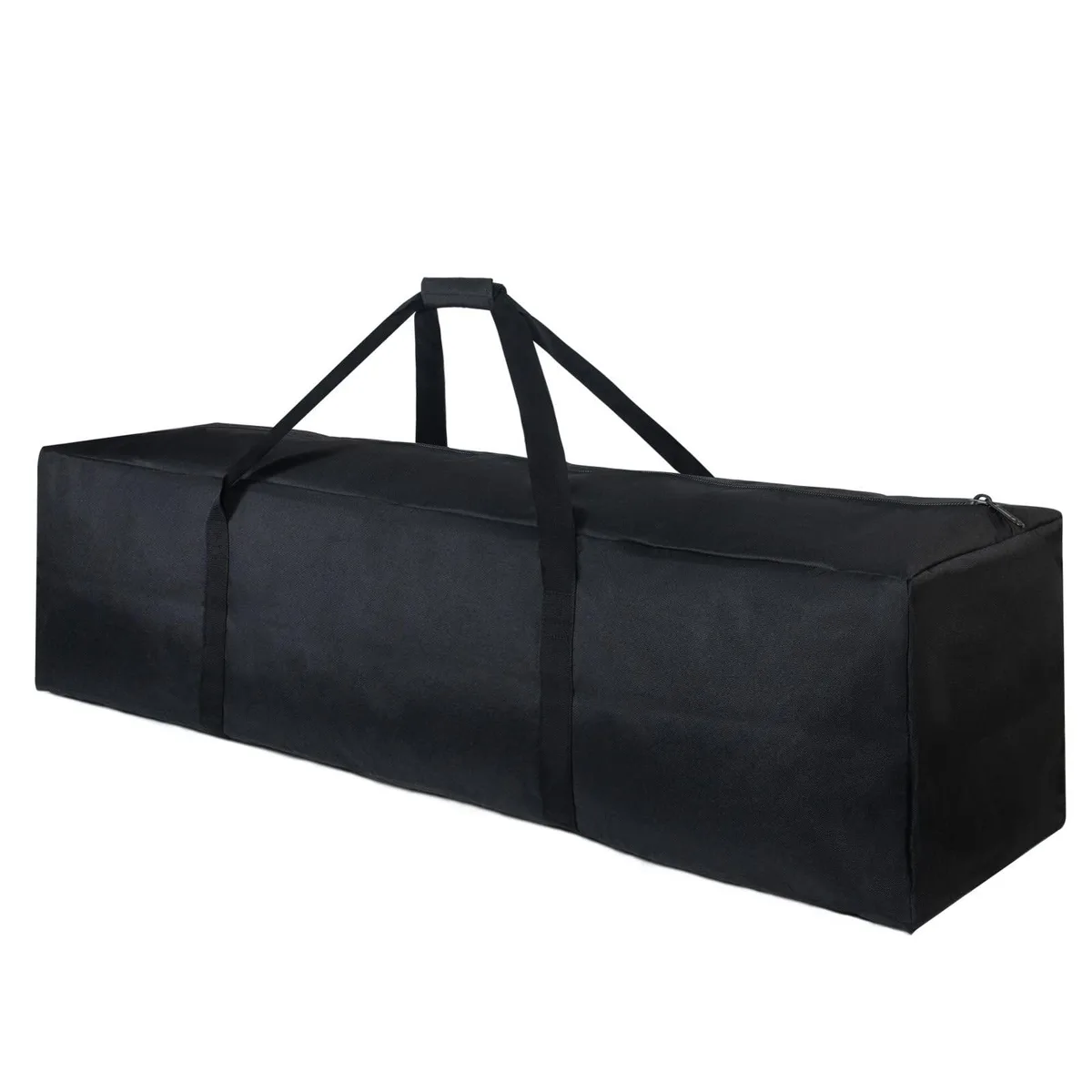 Black 46-inch waterproof duffel bag with padded handles and full-length zipper
