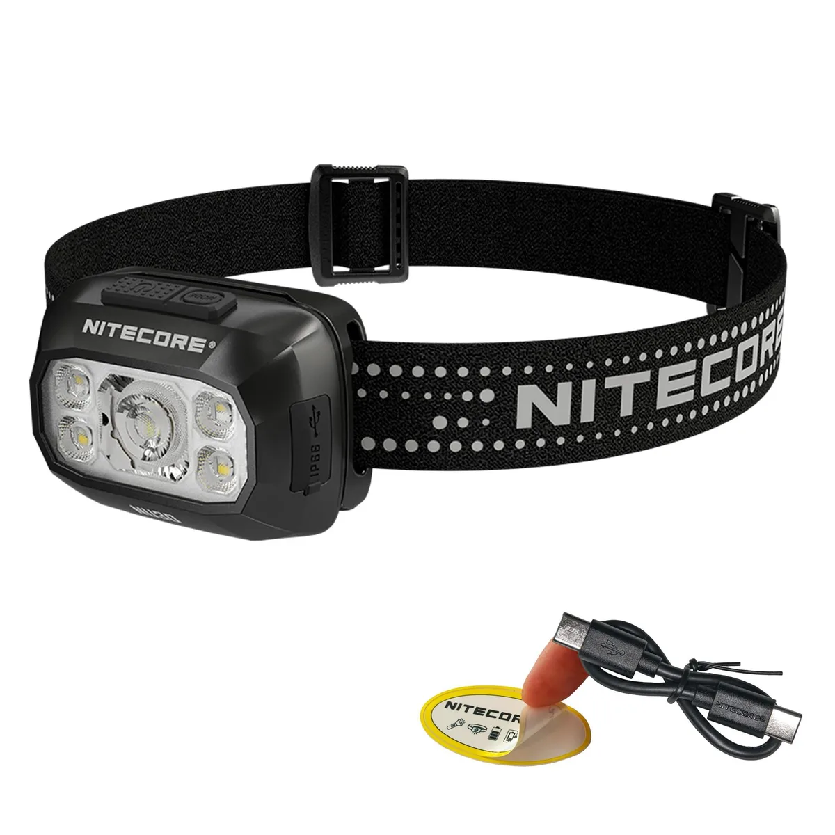 Small black rectangular headlamp with white front lens and adjustable elastic headband