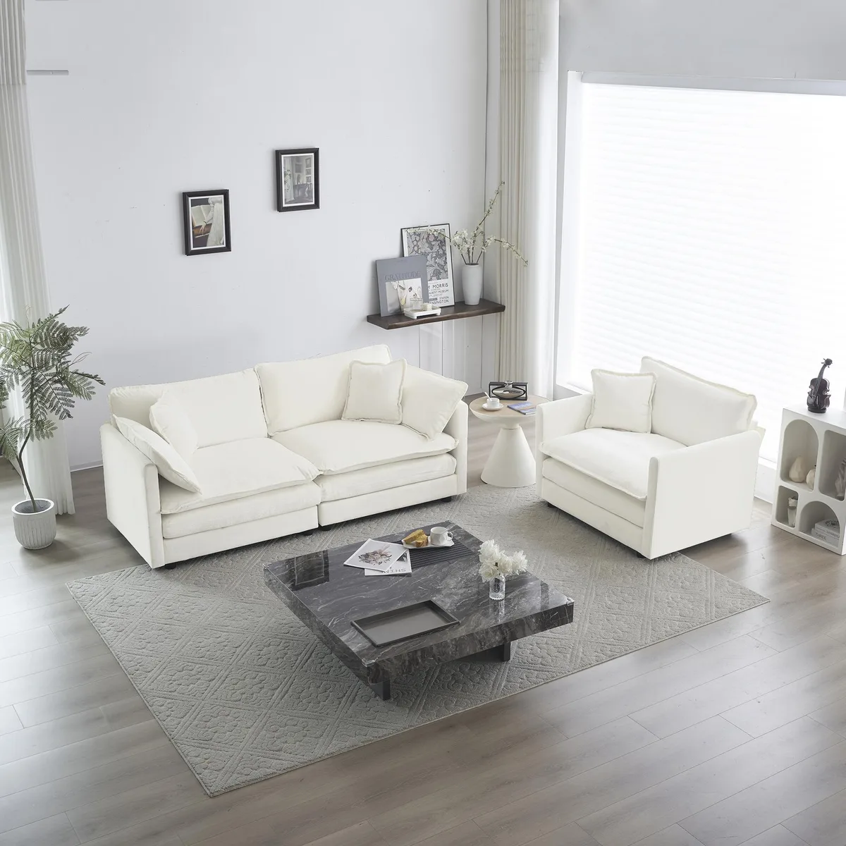 White chenille two-seat sofa and matching armchair set