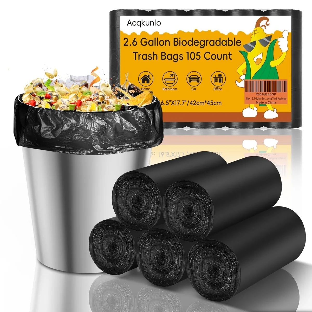  ACQKUNLO 2.6 Gallon Biodegradable Trash Bags 105 Count 10L Black — product photo