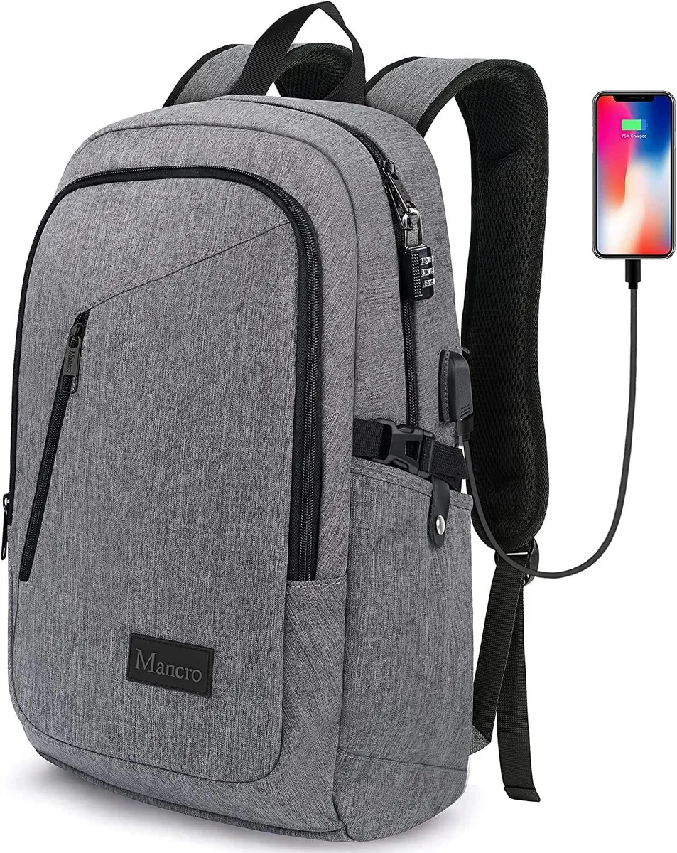Grey laptop backpack with padded straps, USB port, lock and side pockets