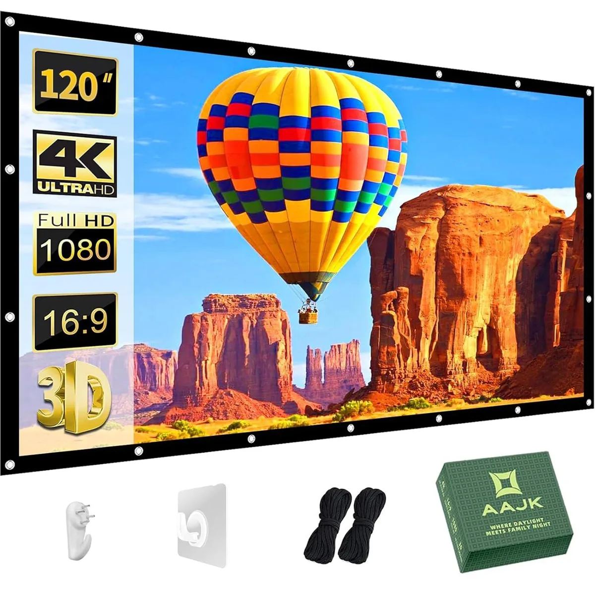 White rectangular polyester projection screen, 120 inch diagonal, foldable with hooks and ropes