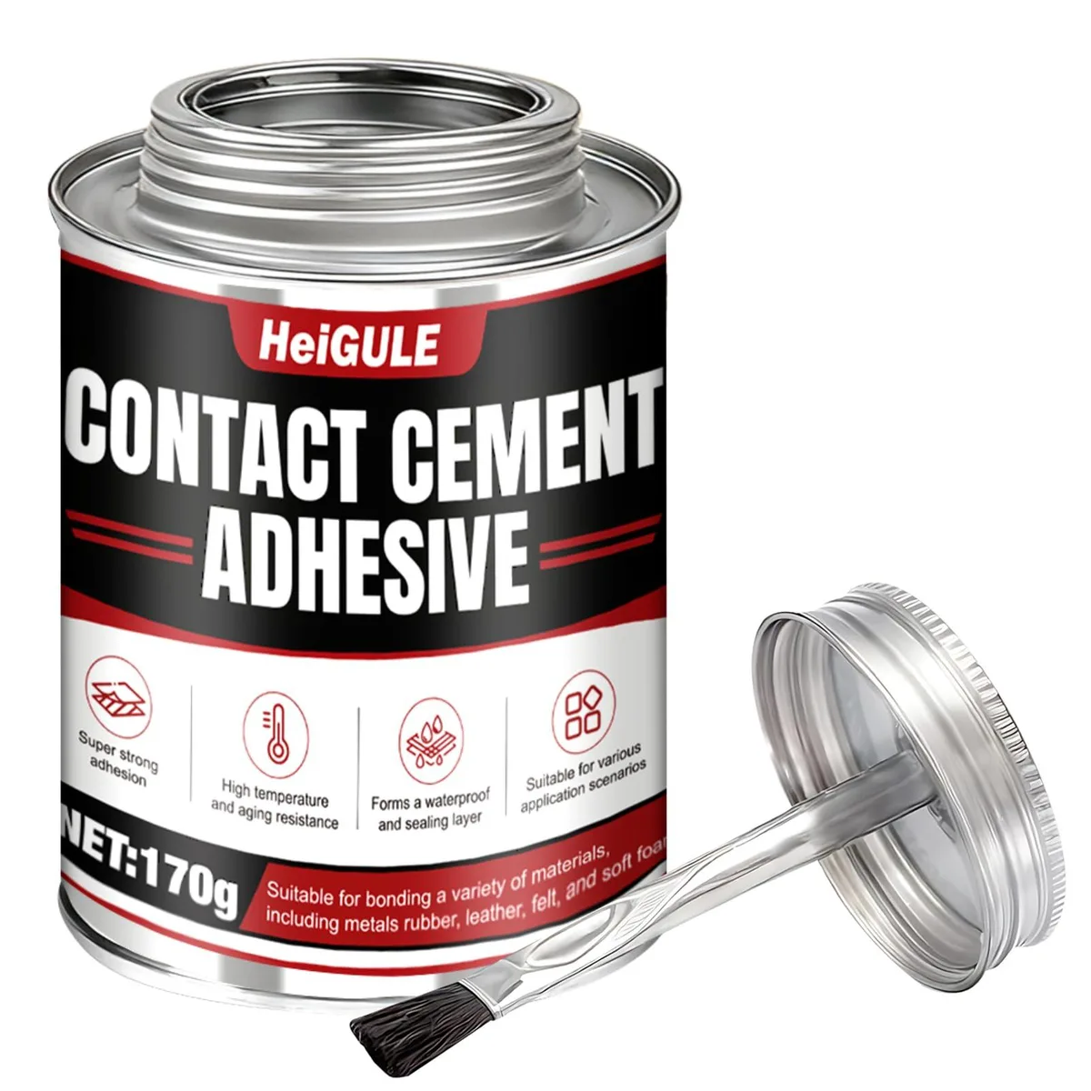 A liquid contact cement adhesive bottle with built-in brush applicator