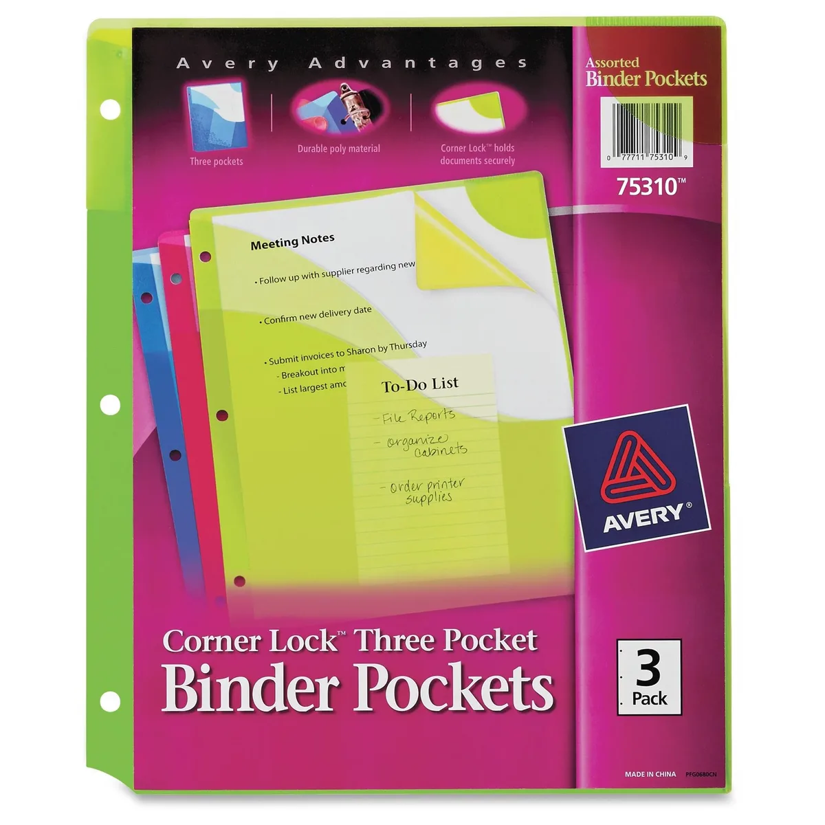 Three assorted polypropylene binder pockets with corner-lock closure, twenty-page capacity