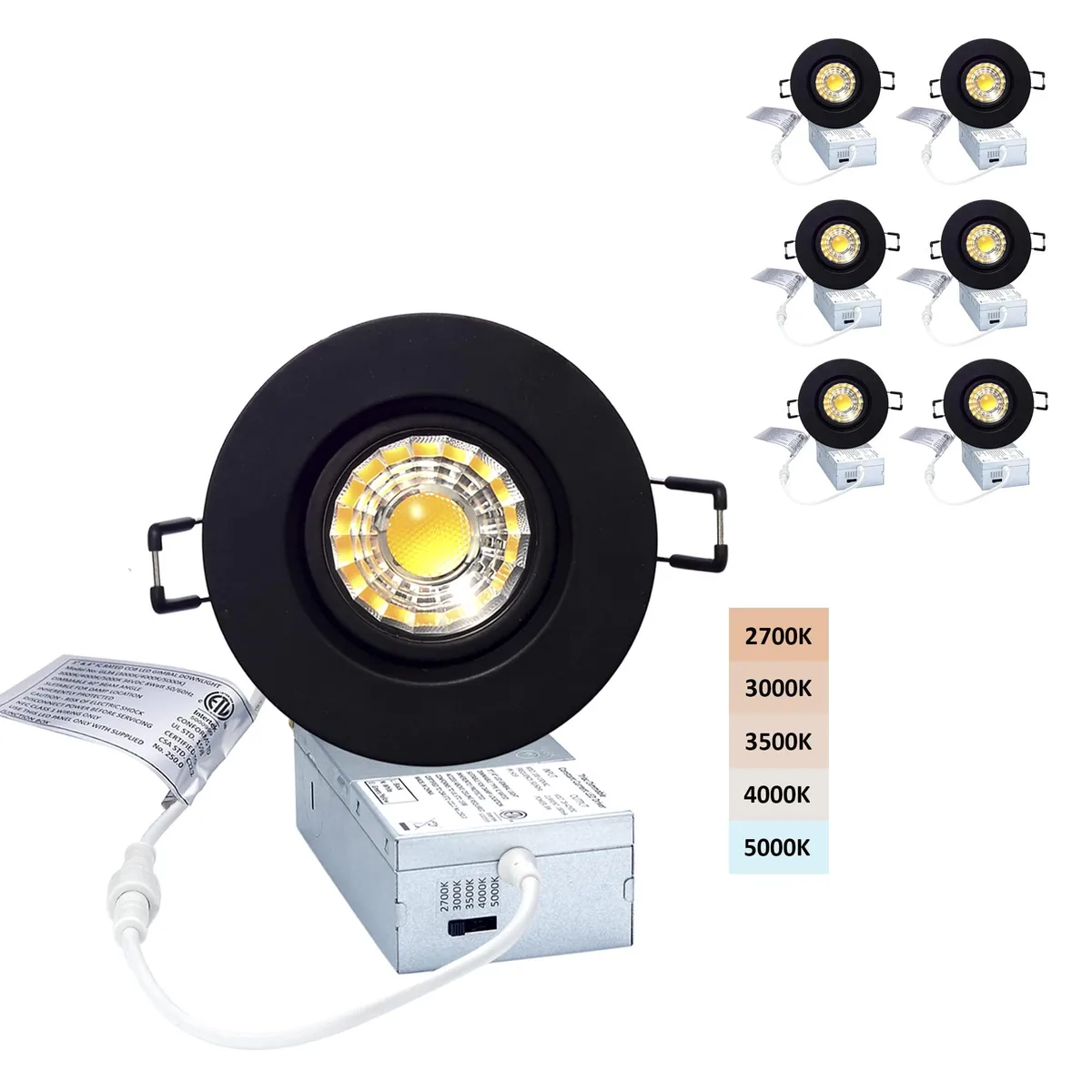 Six round white recessed gimbal lights with clear prismatic lenses and adjustable eyeball trim