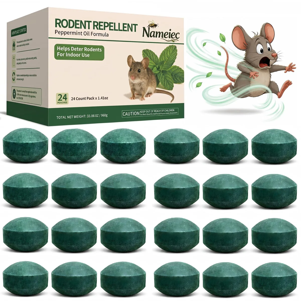 Small rectangular sachet of peppermint oil pest control repellent in white and green packaging