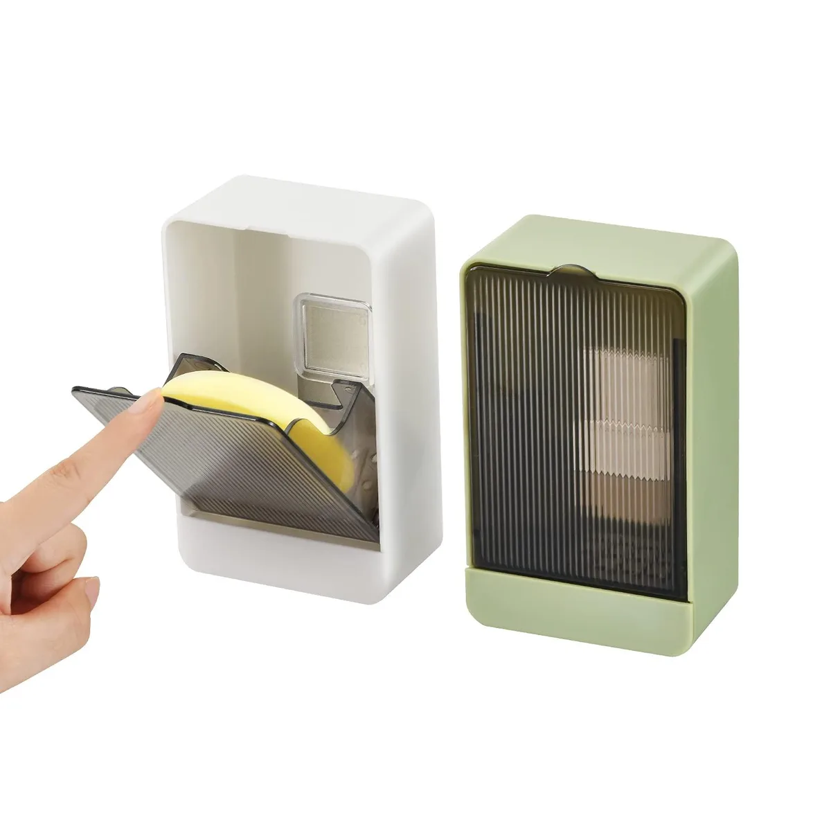 Two white wall-mounted soap dishes with lids and drainage holes, adhesive strips included