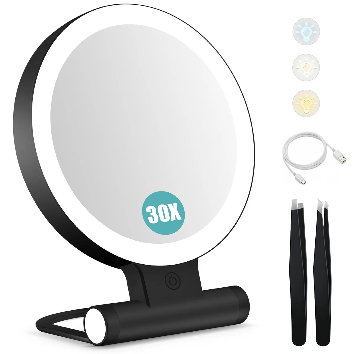 Square black glass tabletop mirror with foldable stand, 9.6 by 7.6 inches