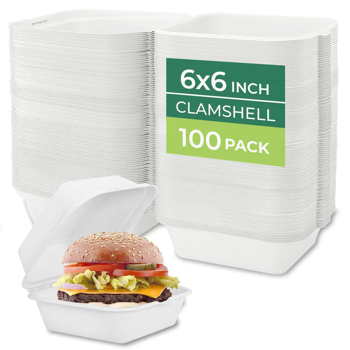White clamshell containers with lids in a 100-pack