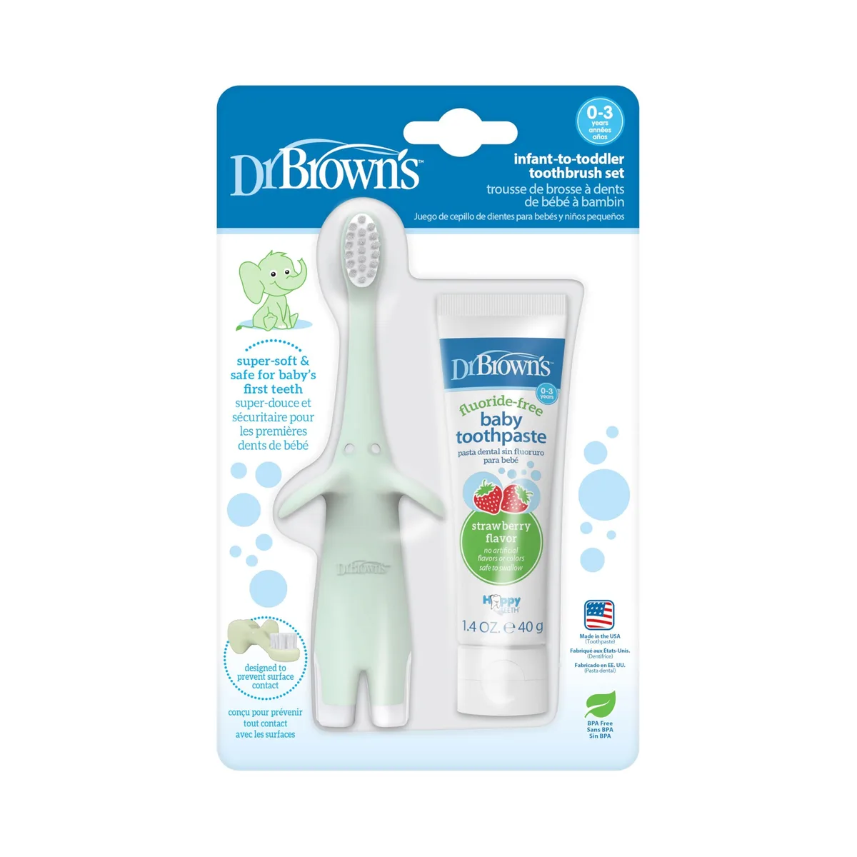 Mint green elephant-shaped toothbrush with soft bristles and matching fluoride-free strawberry toothpaste tube