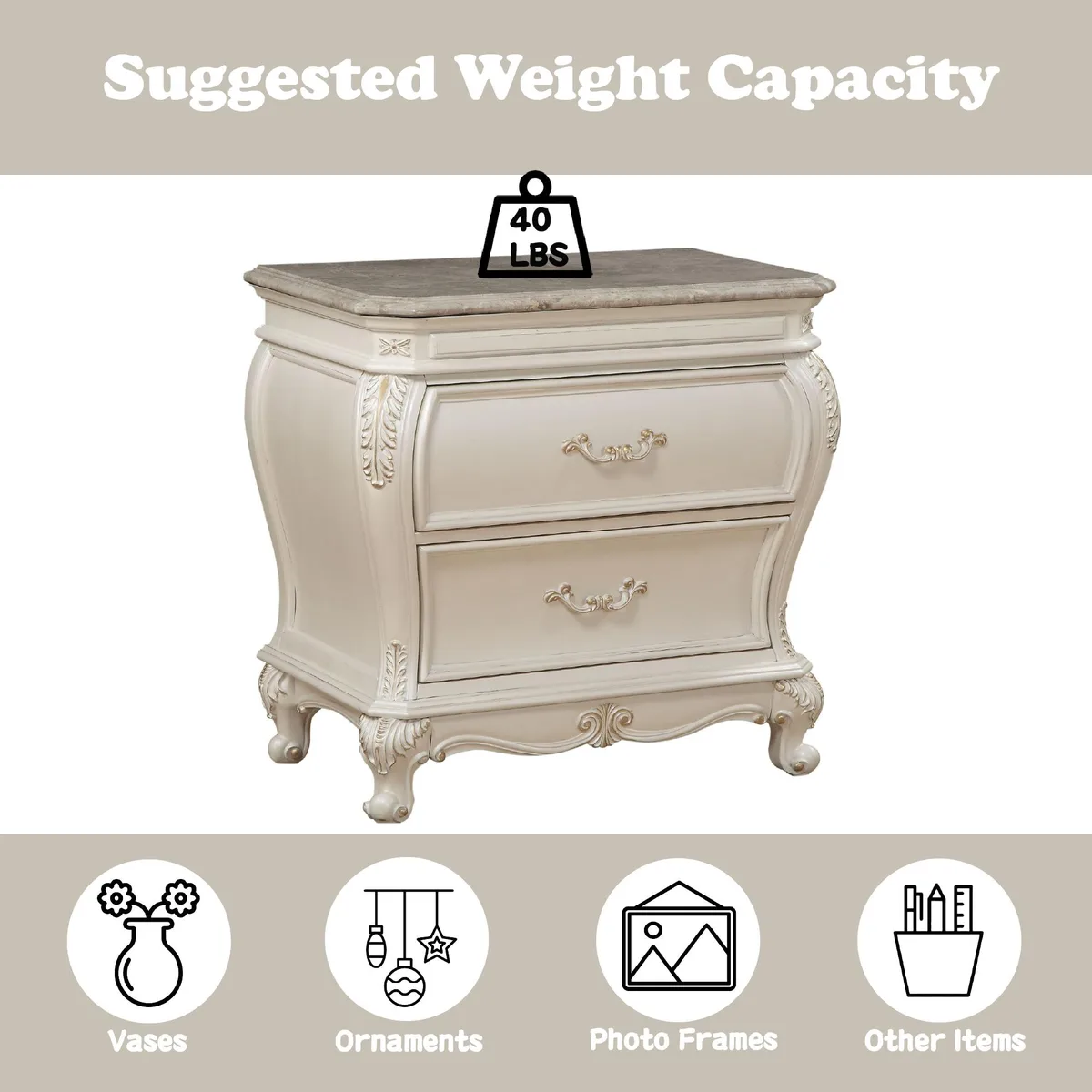 tuphen tuphen Chantelle Pearl White Nightstand Granite Top — product photo