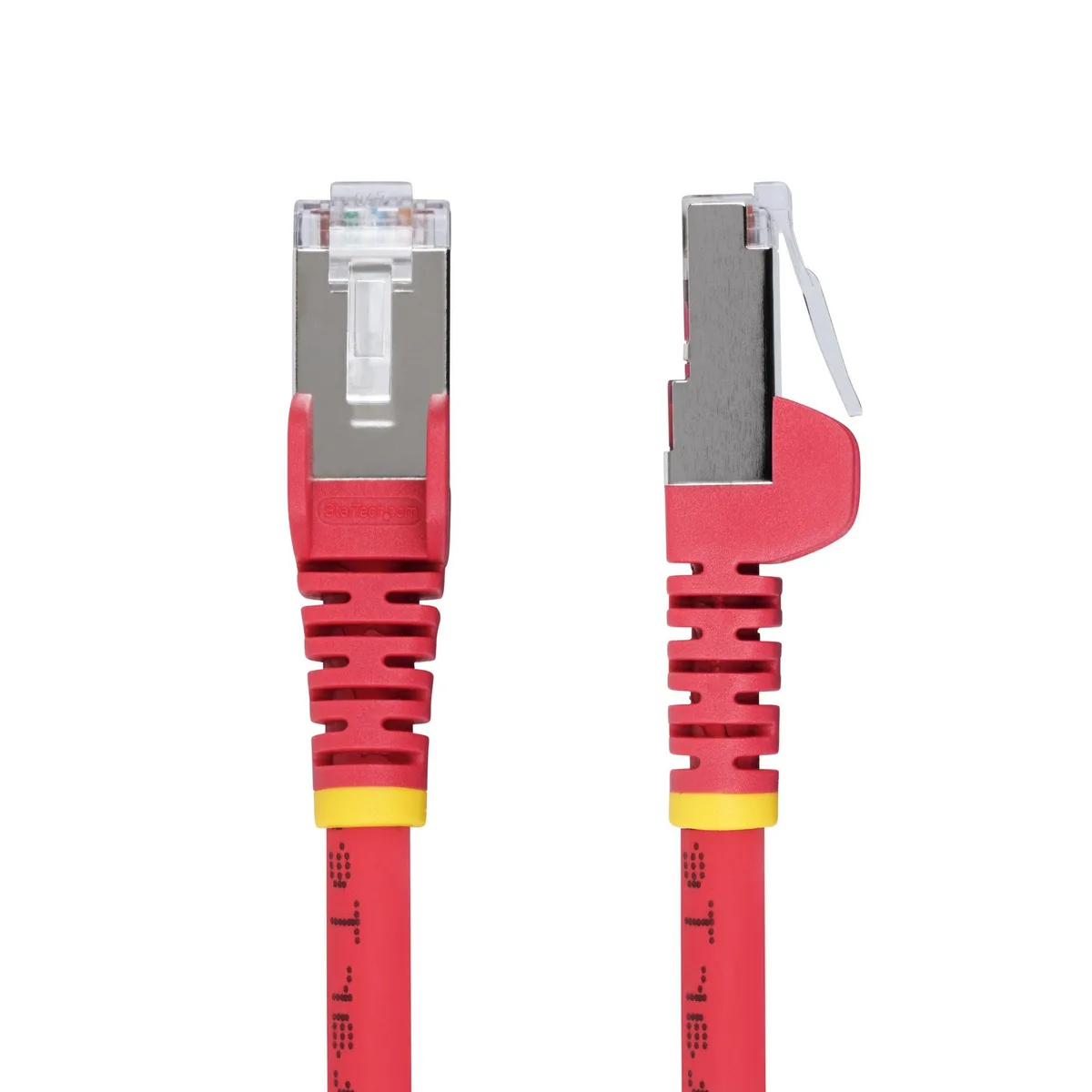 Red 10ft Cat6a Ethernet cable with snagless RJ45 connectors