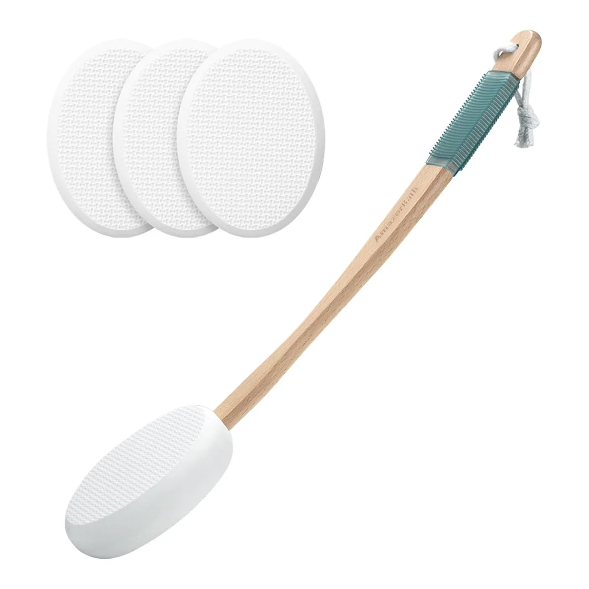 White lotion applicator with 17-inch curved wooden handle, textured rubber grip, and four replaceable EVA pads