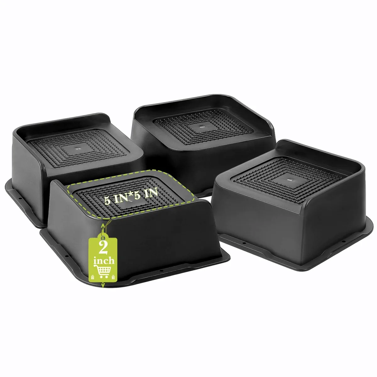 Four black square plastic risers with rubber bases, each 6.1 by 6.1 by 2.83 inches