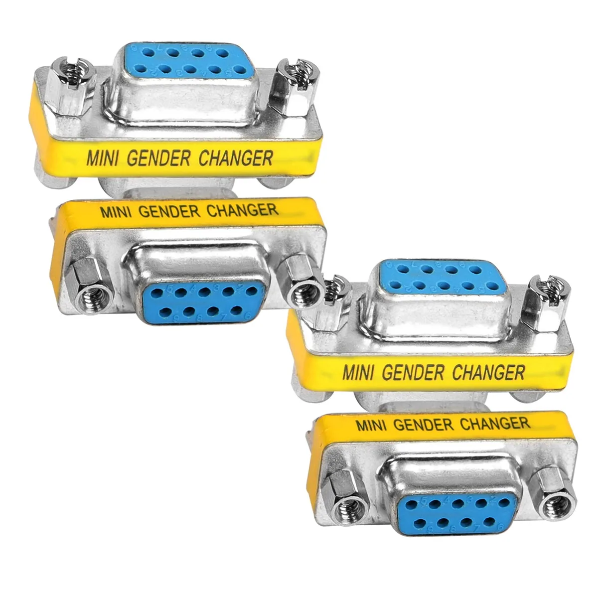 Four nickel-plated DB9 female-to-female gender changers, compact shielded design