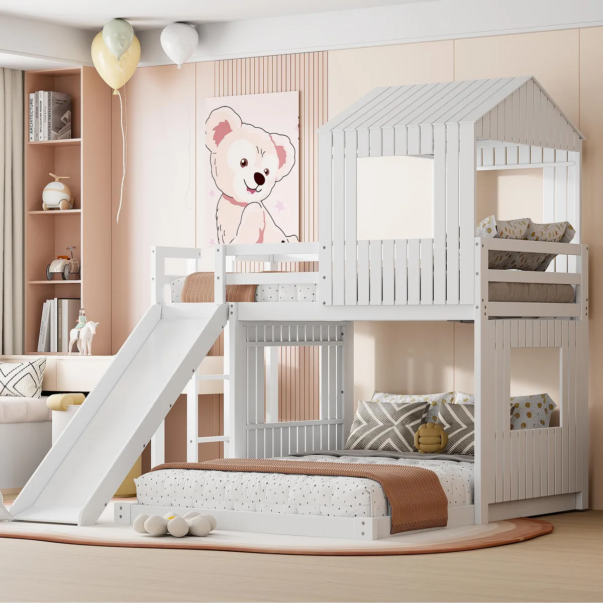 White wooden twin-over-full bunk bed with playhouse roof, slide, ladder and guardrails
