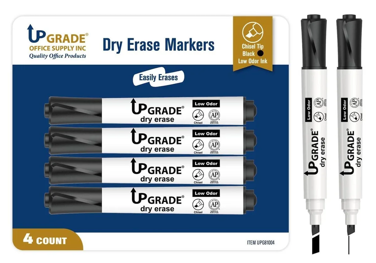 Four black dry erase markers with chisel tips