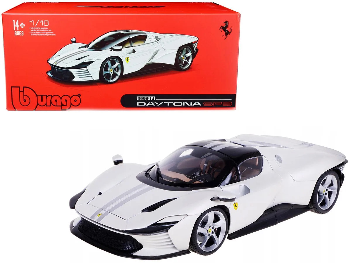 BBURAGO BBURAGO Ferrari Daytona SP3 White Metallic Silver Stripes Signature Series 1/18 Diecast Car — product photo