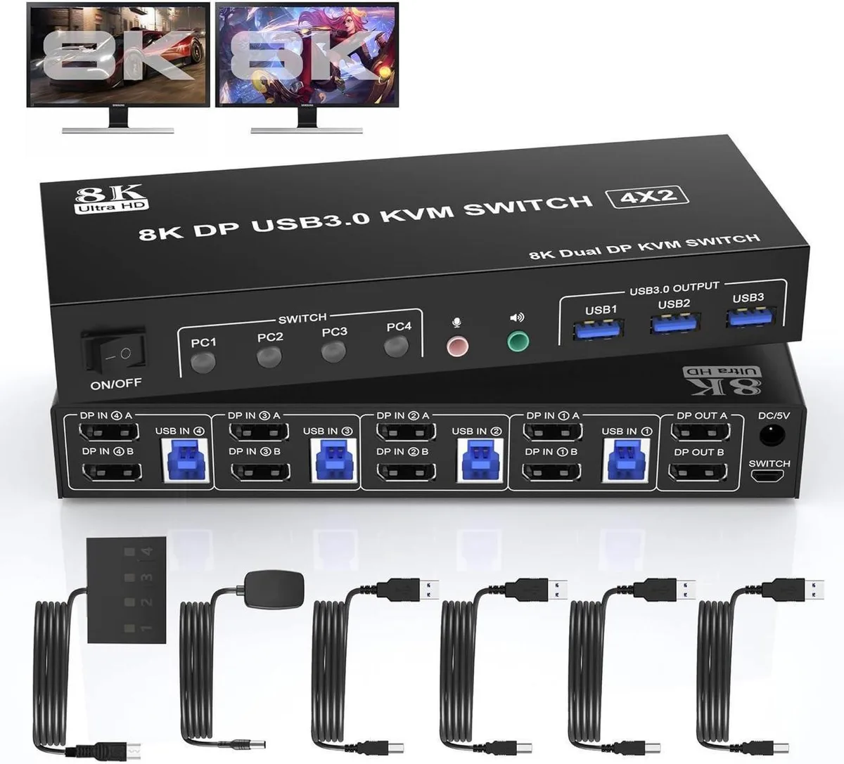 Vszerda Vszerda 8K@60Hz DP1.4 KVM Switch 4 Port 2 Monitor 3 USB 3.0 — product photo