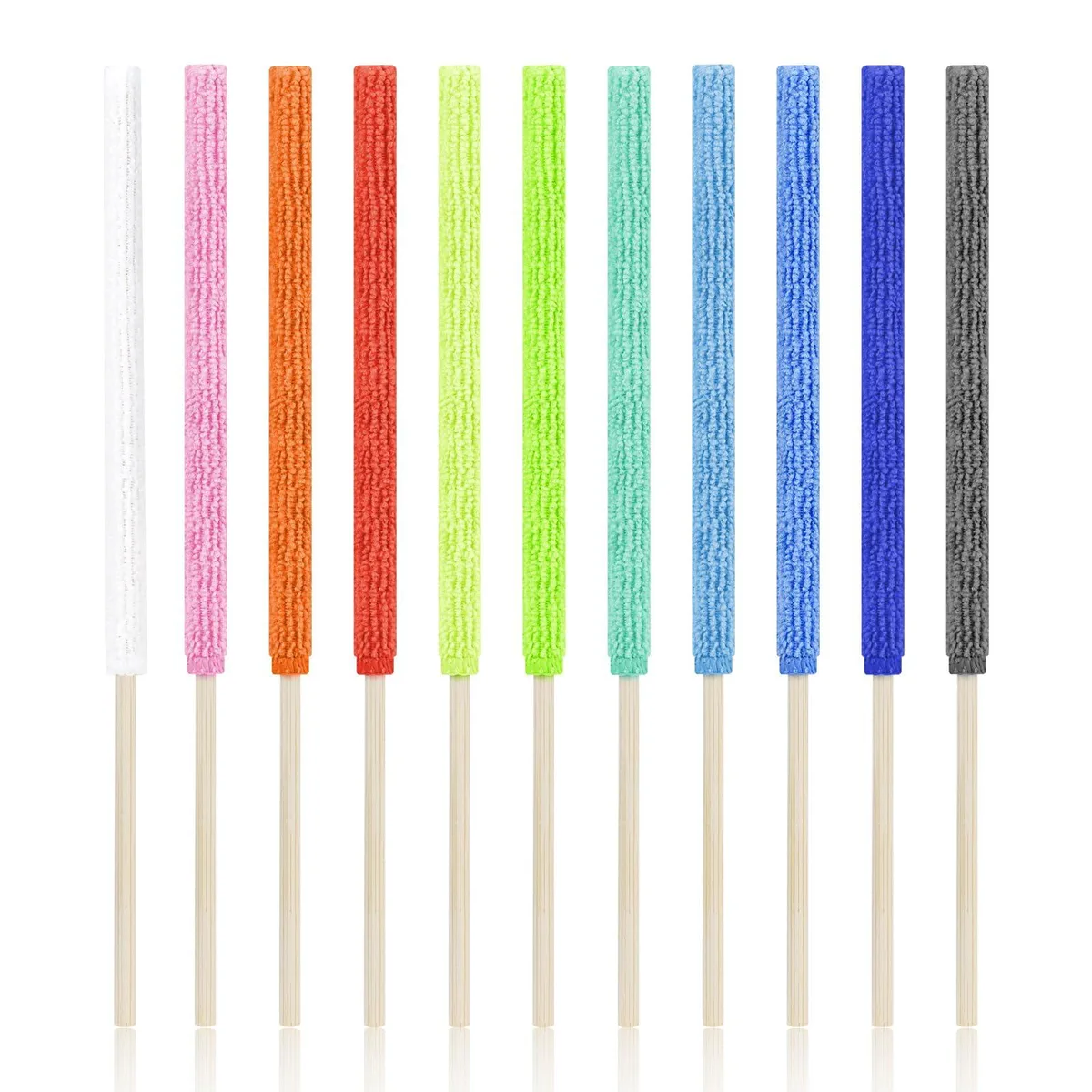Eleven slim microfiber duster sticks on wooden handles in six colours, 10.3 inches long