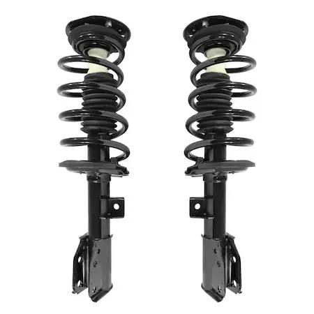 Pair of Unity front complete strut assemblies, silver metal with black coil springs