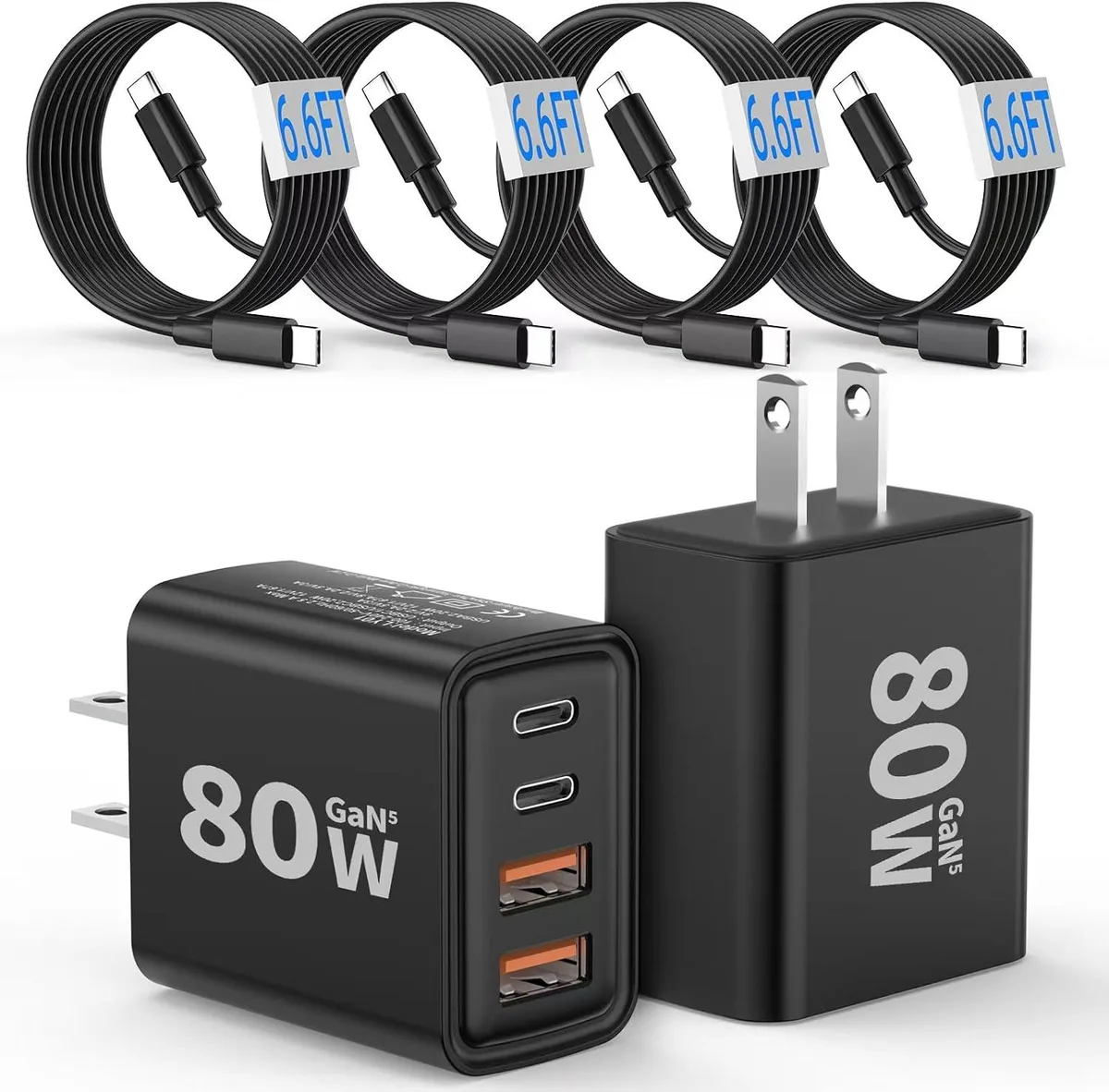 ONITOON ONITOON 80W 4-Port USB-C Wall Charger 2-Pack with 6.6ft Cable Black — product photo