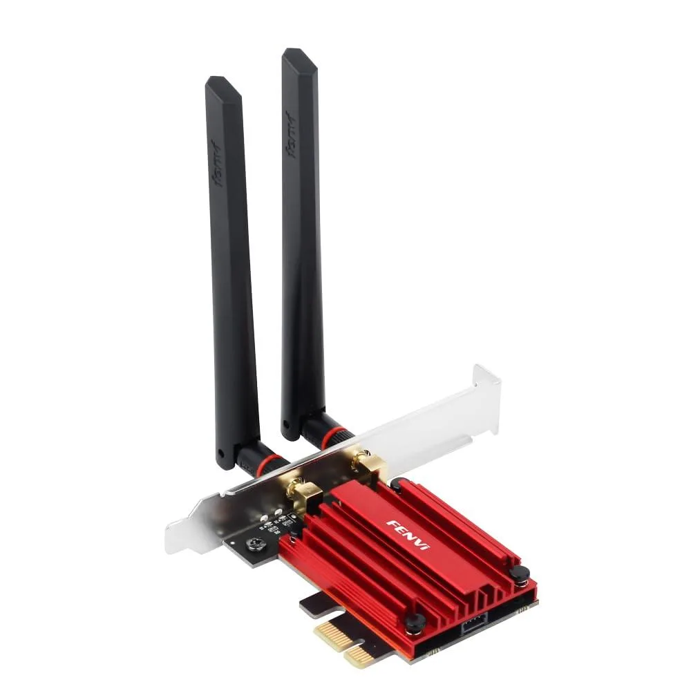 Red PCIe WiFi 6E card with two antennas and Bluetooth 5.3 cable