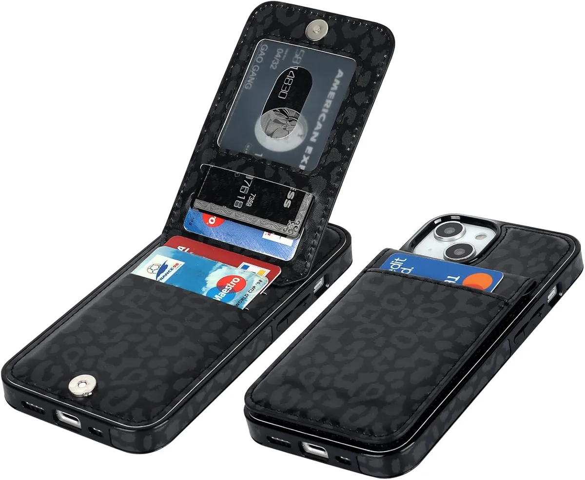 TAURKENAM TAURKENAM iPhone 13 14 6.1 Wallet Case Black Leopard Cheetah — product photo