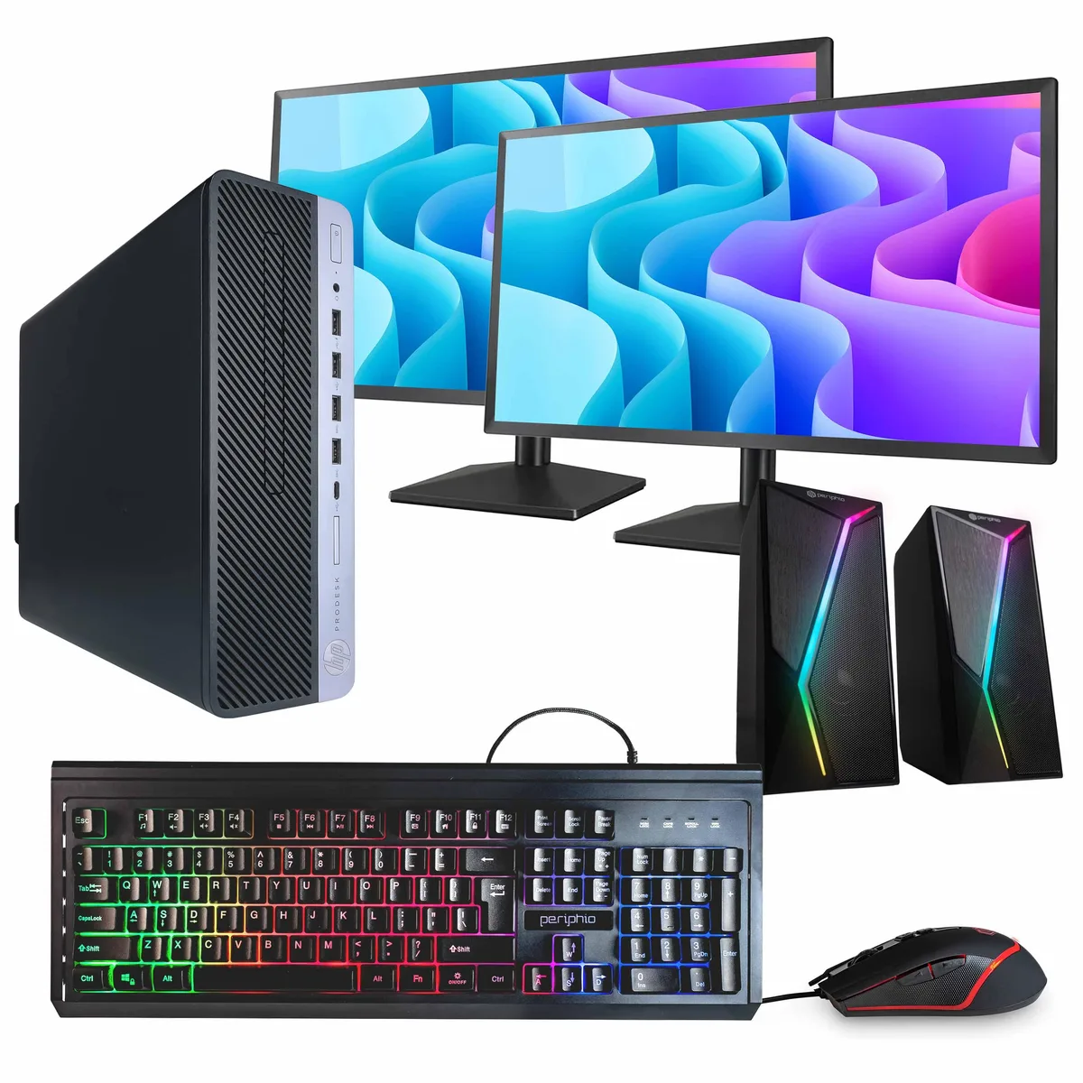 HP HP ProDesk 600 G5 i5-9500 32GB DDR4 1TB SSD 1TB HDD Dual 24" Monitors RGB Speaker AX200 WiFi BT Windows 11 Pro — product photo