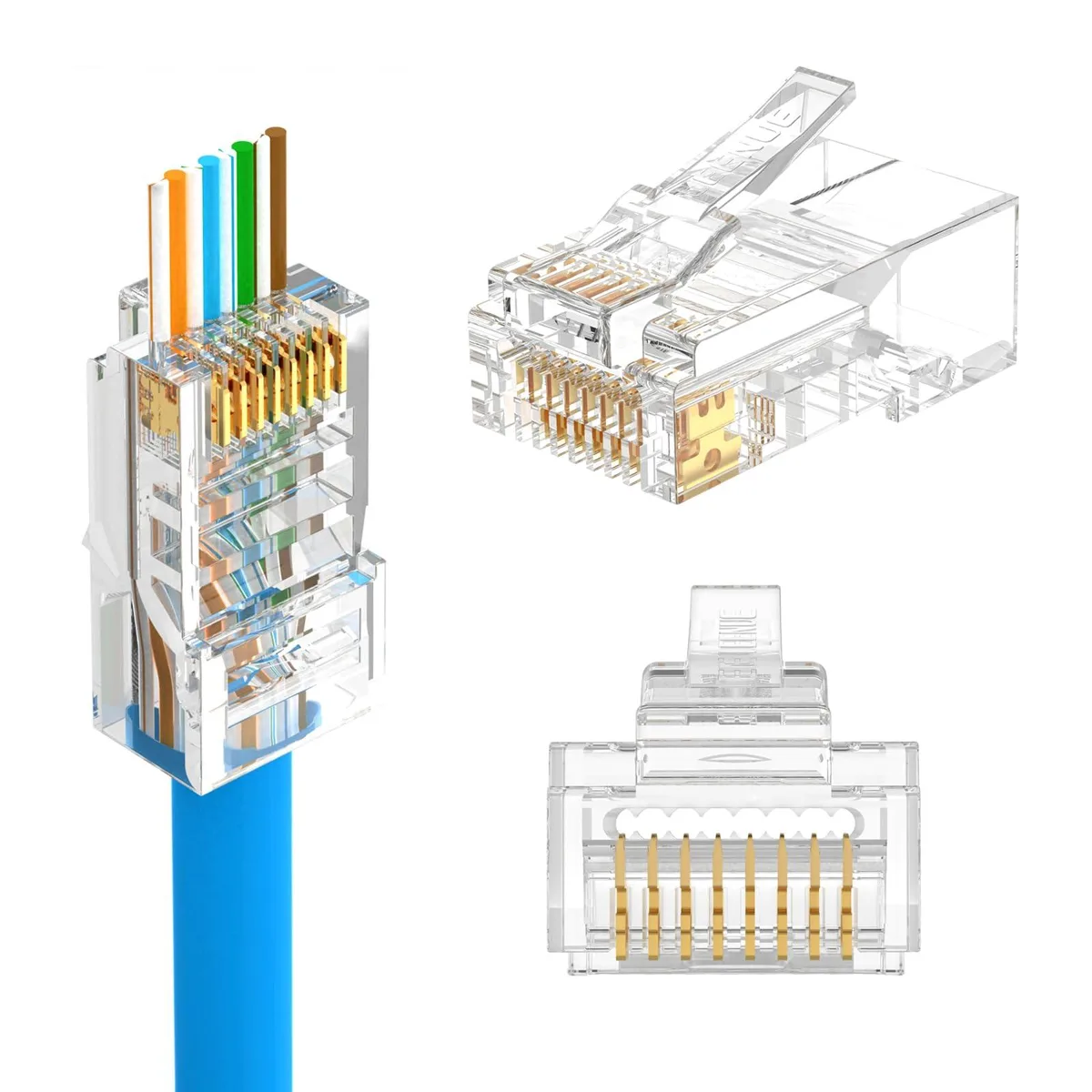 Clear plastic RJ45 pass-through connectors with gold contacts, 50 pack