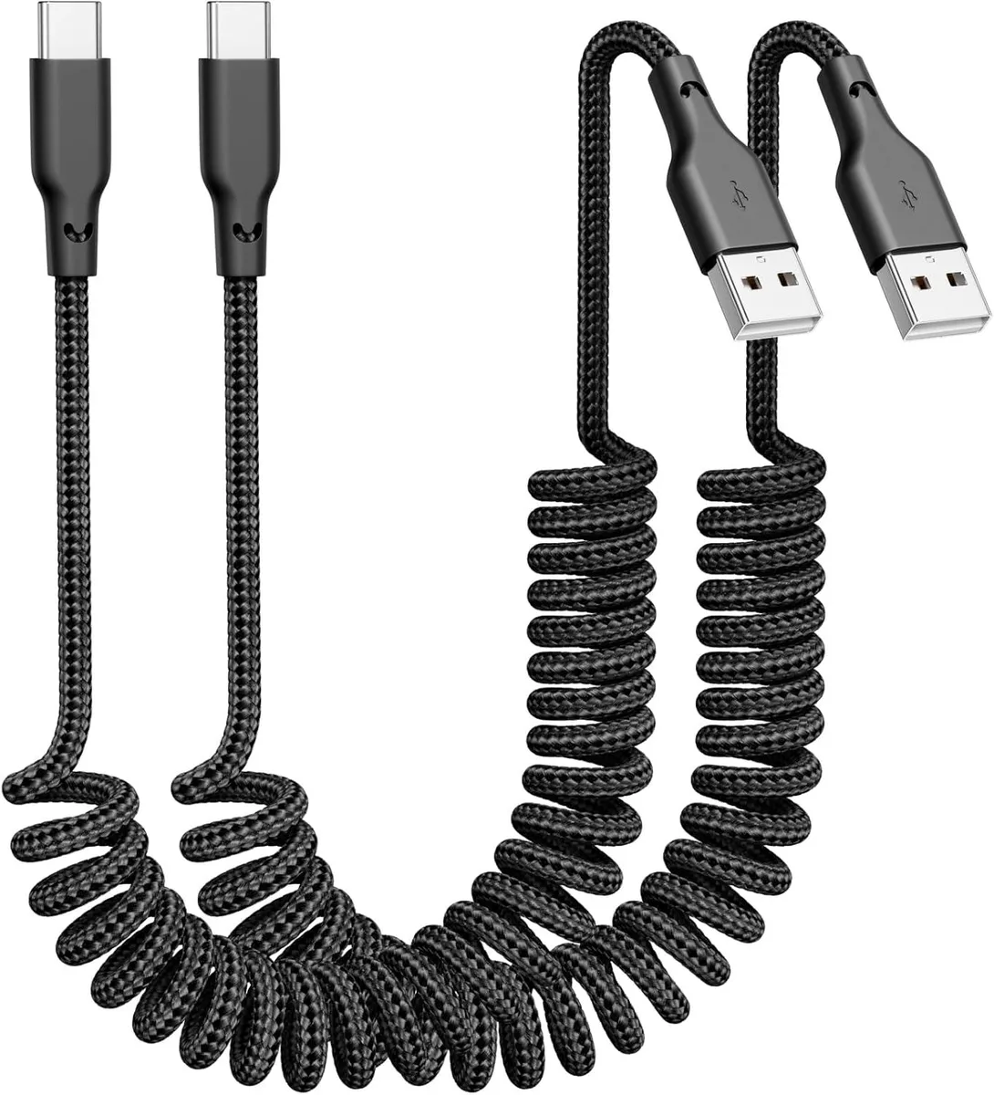 Two braided coiled USB-A to USB-C cables, 3 ft extended length, 1.153 ft coiled, black finish