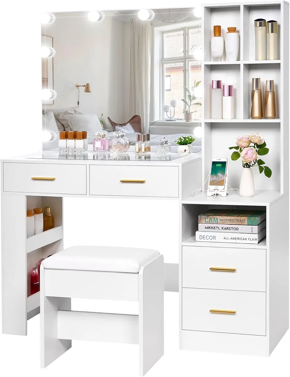 White vanity desk with lighted mirror, glass top, four drawers, nightstand and stool