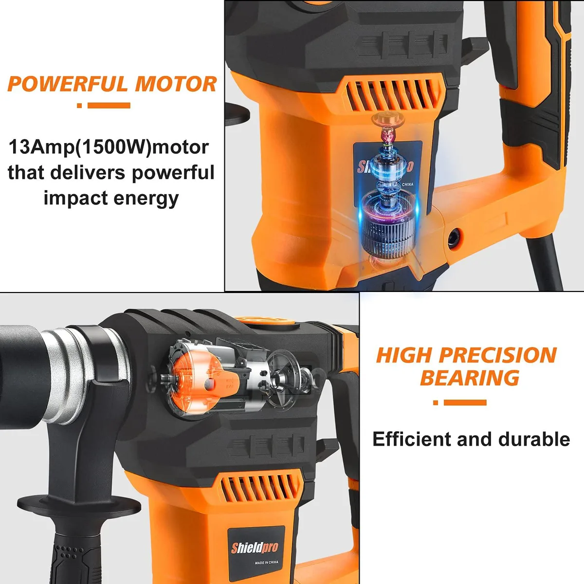 Yellow and black SDS-Plus rotary hammer drill 17 inch with 360 handle and accessories