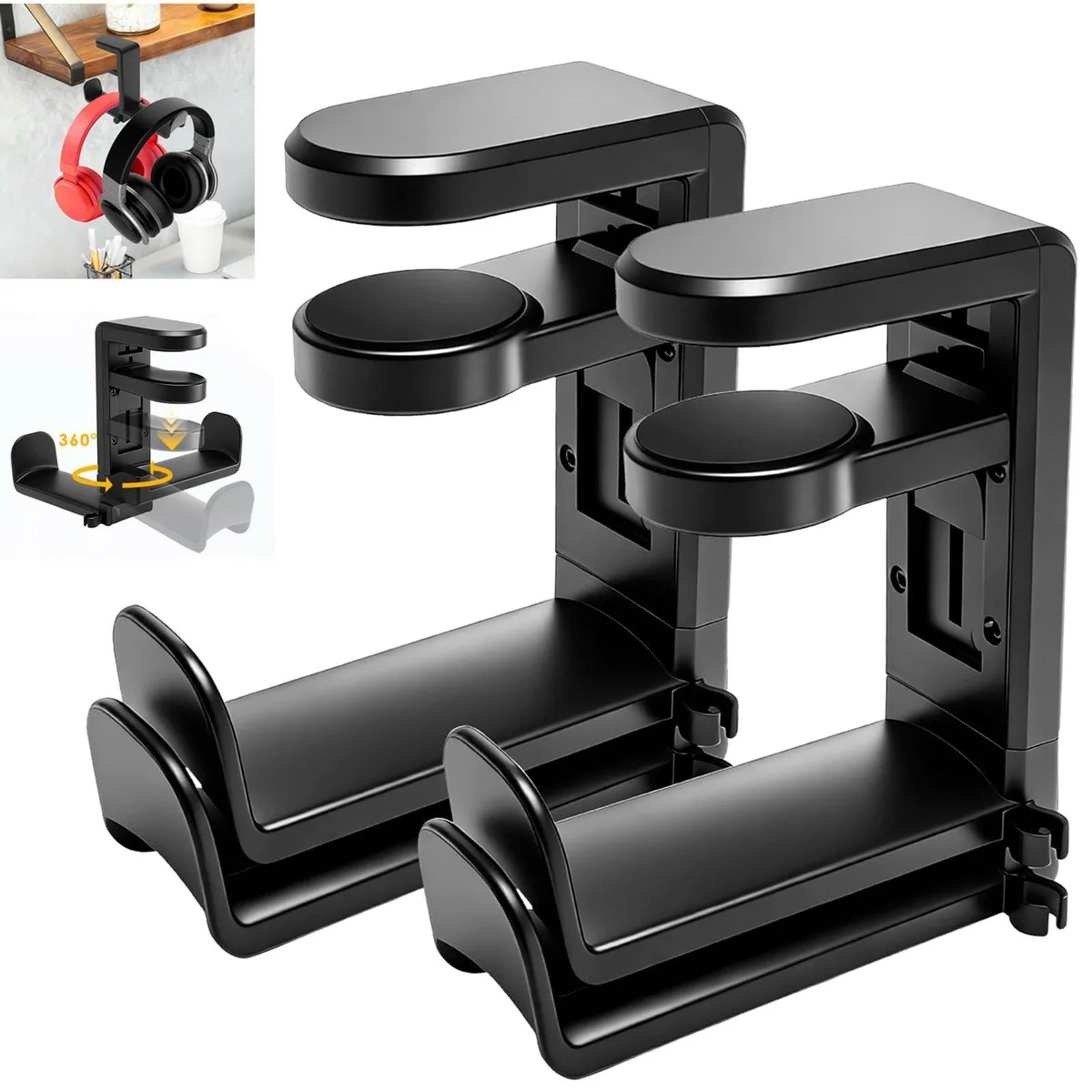 Two black ABS clamp headphone stands with 360° rotating arms and cable clips