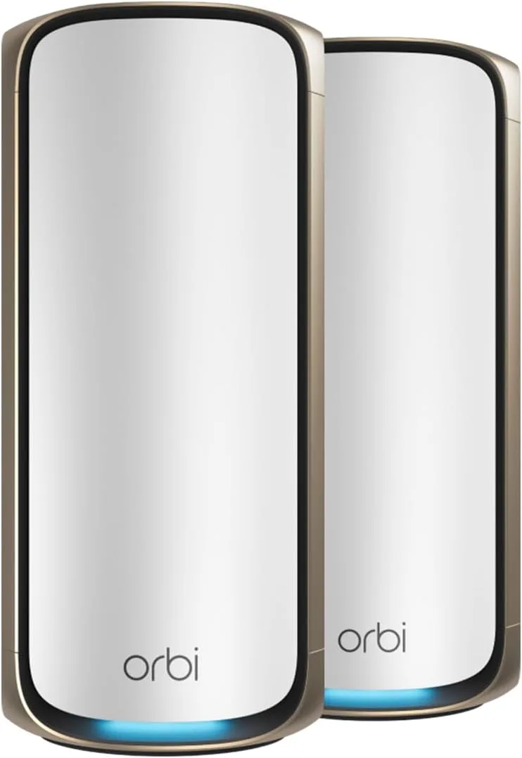 Netgear Inc. Netgear Inc. Orbi 970 RBE972S-100NAS mesh Wi-Fi system 2-pack 27Gbps quad-band 6600 sq ft 10 Gig port — product photo