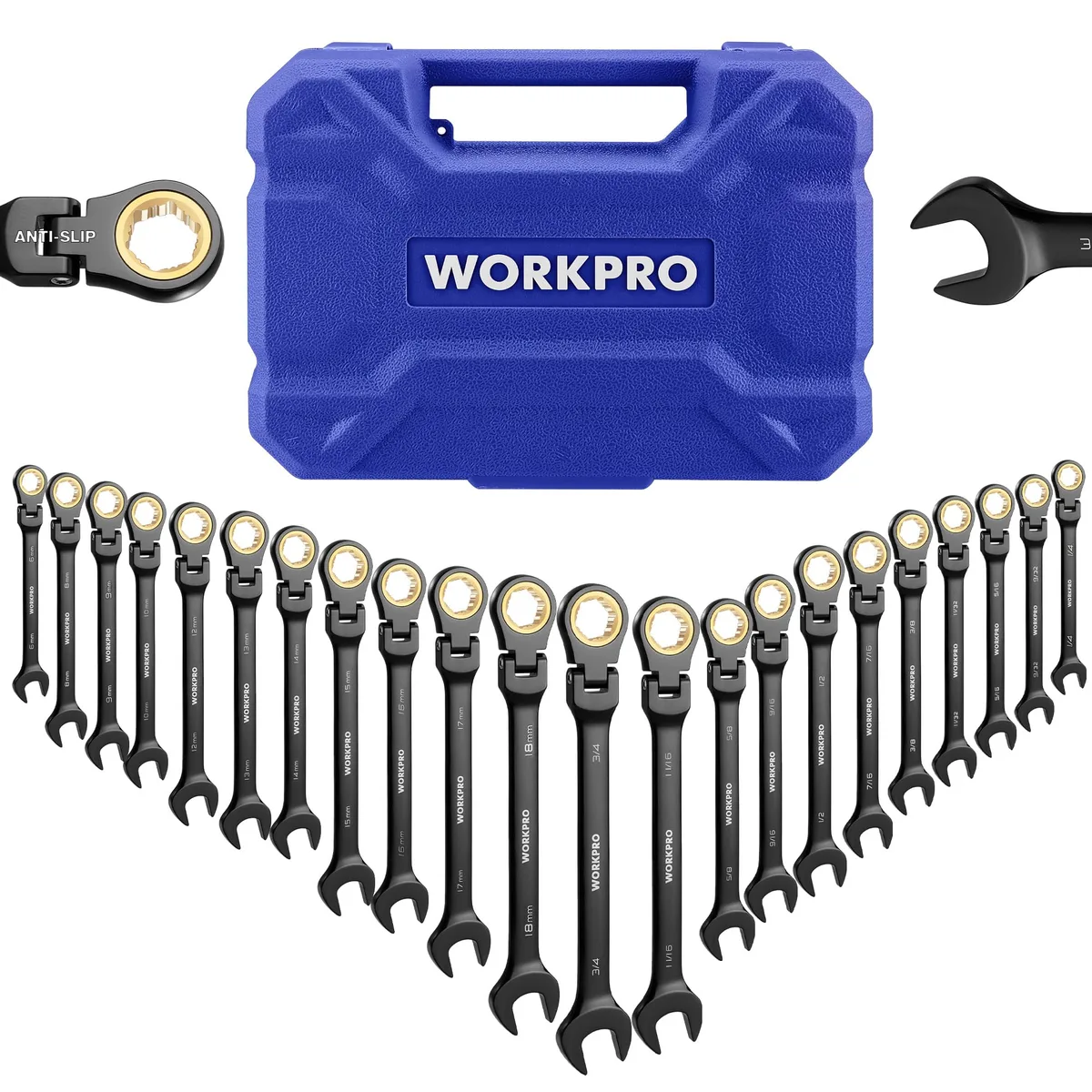 Black flex-head ratcheting wrench set, 22 pieces in organiser box