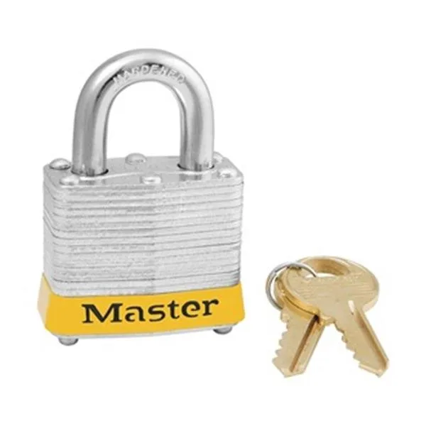 Six yellow laminated steel padlocks with open steel shackles keyed alike
