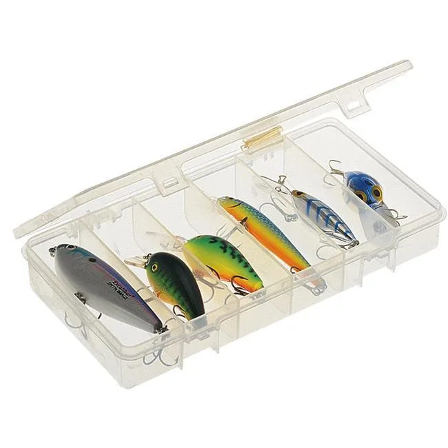 Clear polypropylene box with six fixed compartments and molded tension latches