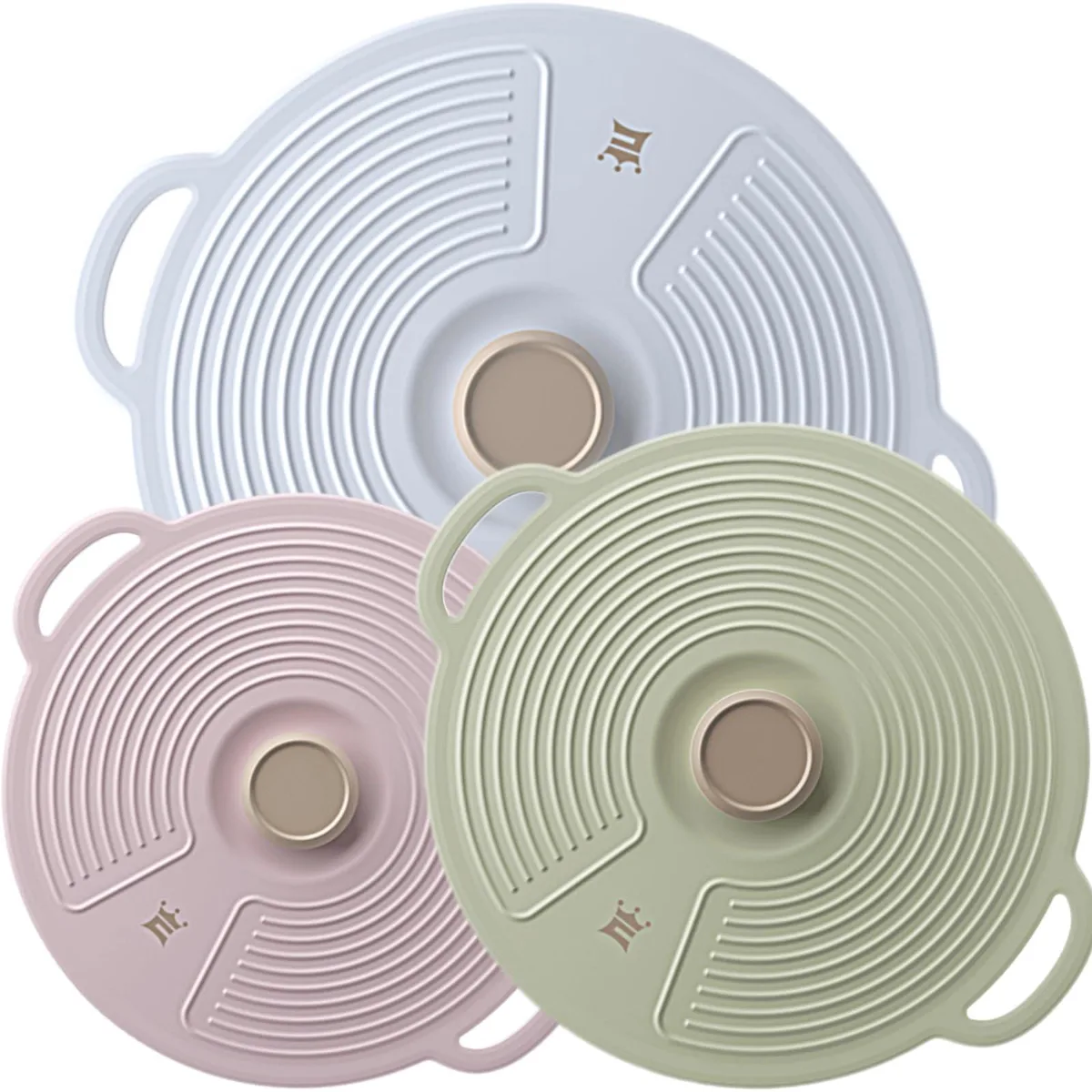 Three round silicone lids in graduated sizes with raised handles